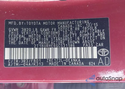 2016 Toyota Corolla Le from USA, damaged, VIN 2T1BURHE6GC531186